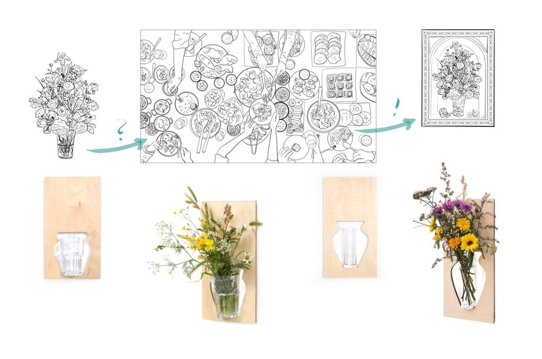 Zeichnung eines vollen Esstisch, Stillleben mit Blumenvase und vier Ansichten verschiedener Wandvasen.