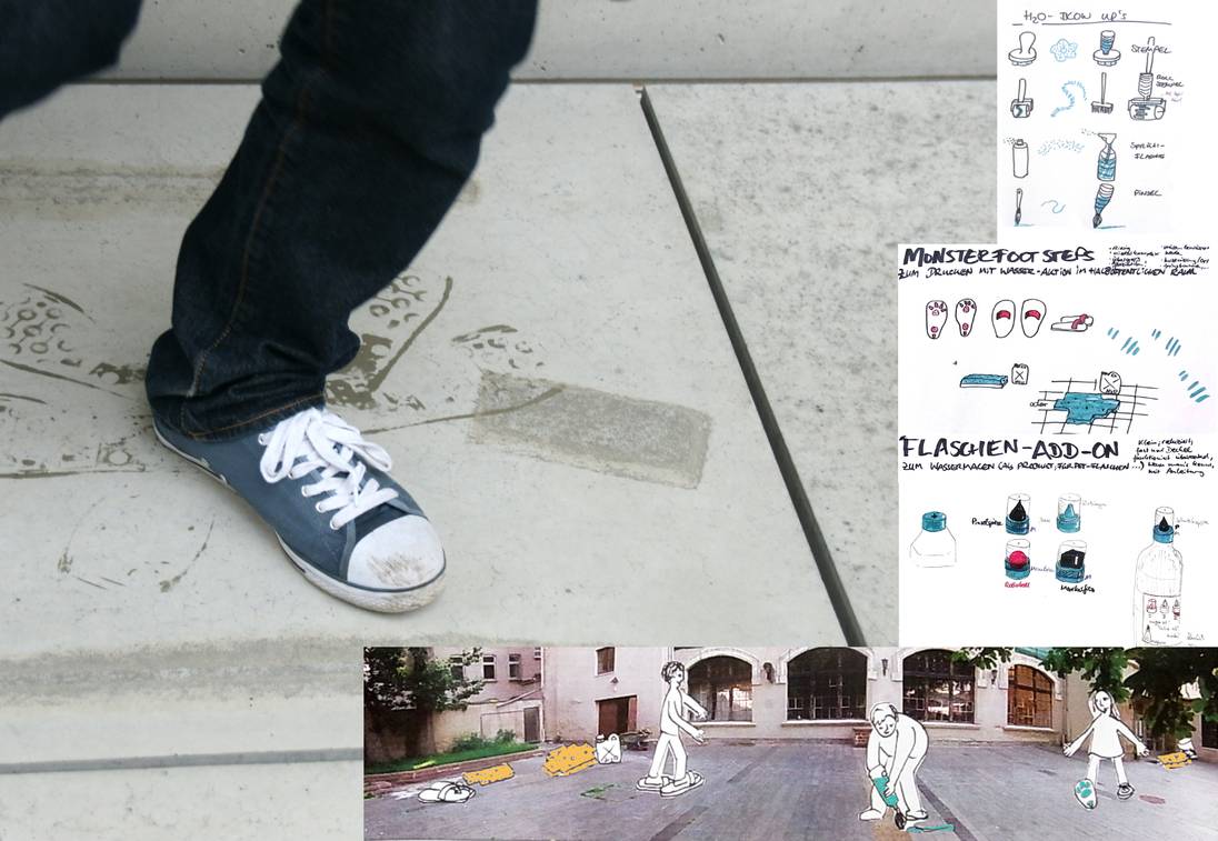 Bild von nassen einem Schuh der Abdrücke auf Betonboden macht. Daneben Skizzen von Entwürfen für Wassermalwerkzeuge.
