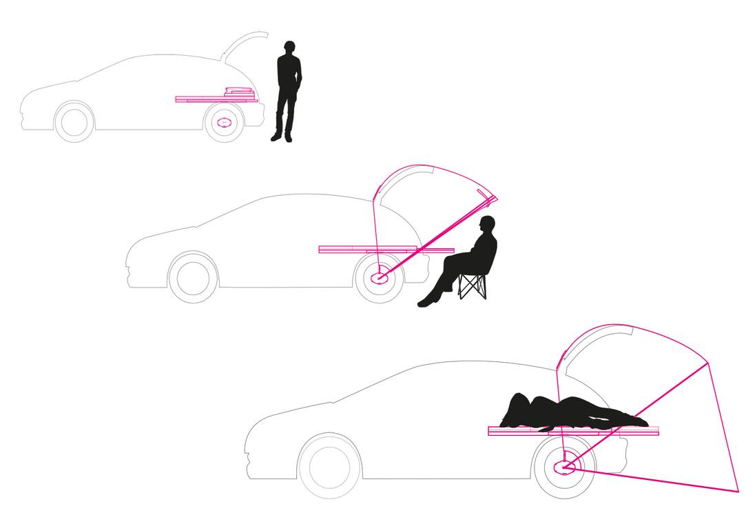 Drei Skizzen Seitenblick auf das Auto mit dem Autozelt oder Zeltdach.
