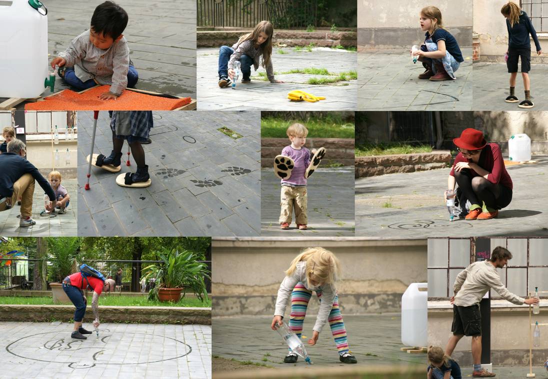 Fotos von Kindern und Erwachsenen die mit Wasserflaschen malen.