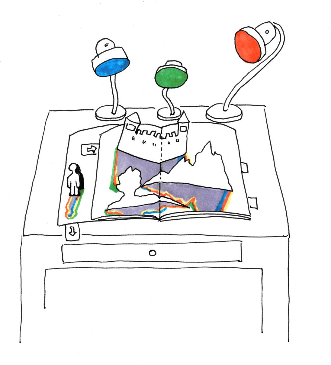 Pop up Buch mit farbigen Leuchten und Schatten.