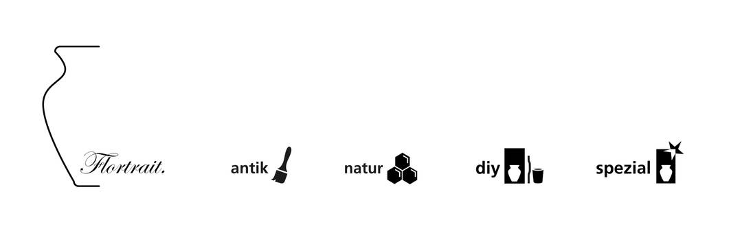 Logografiken des Flortrait. Schwarze Symbole illustrieren den jeweiligen Namen