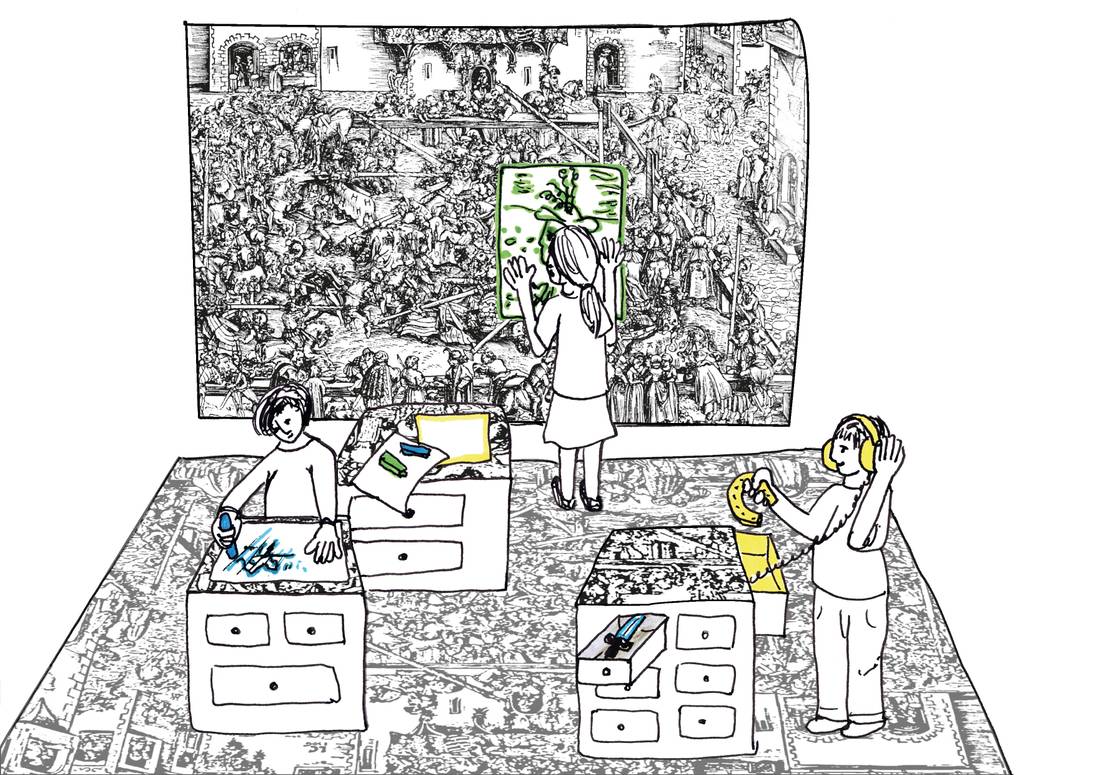 Wimmelbild an der Wand und auf dem Boden. Verschiedene Aktionen mit Bildteilen.
