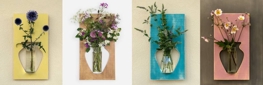 Foto von weiteren, Varianten des Flortrait mit dunkelbrauner Lasur, in gelb, altrosa und türkis.